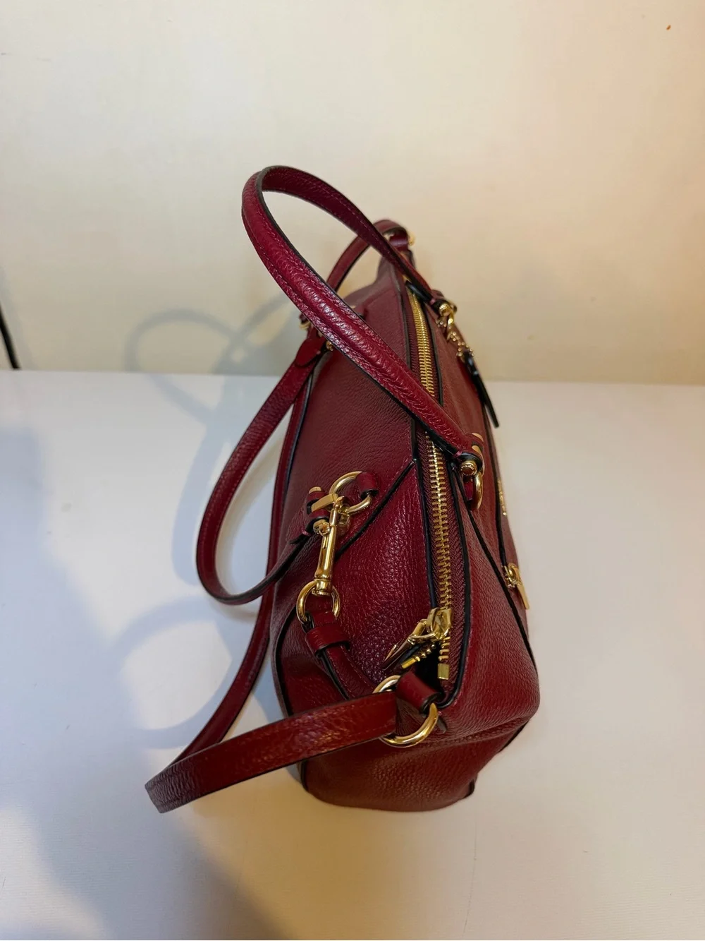 Coach Pebbled Leather Satchel in Burgundy